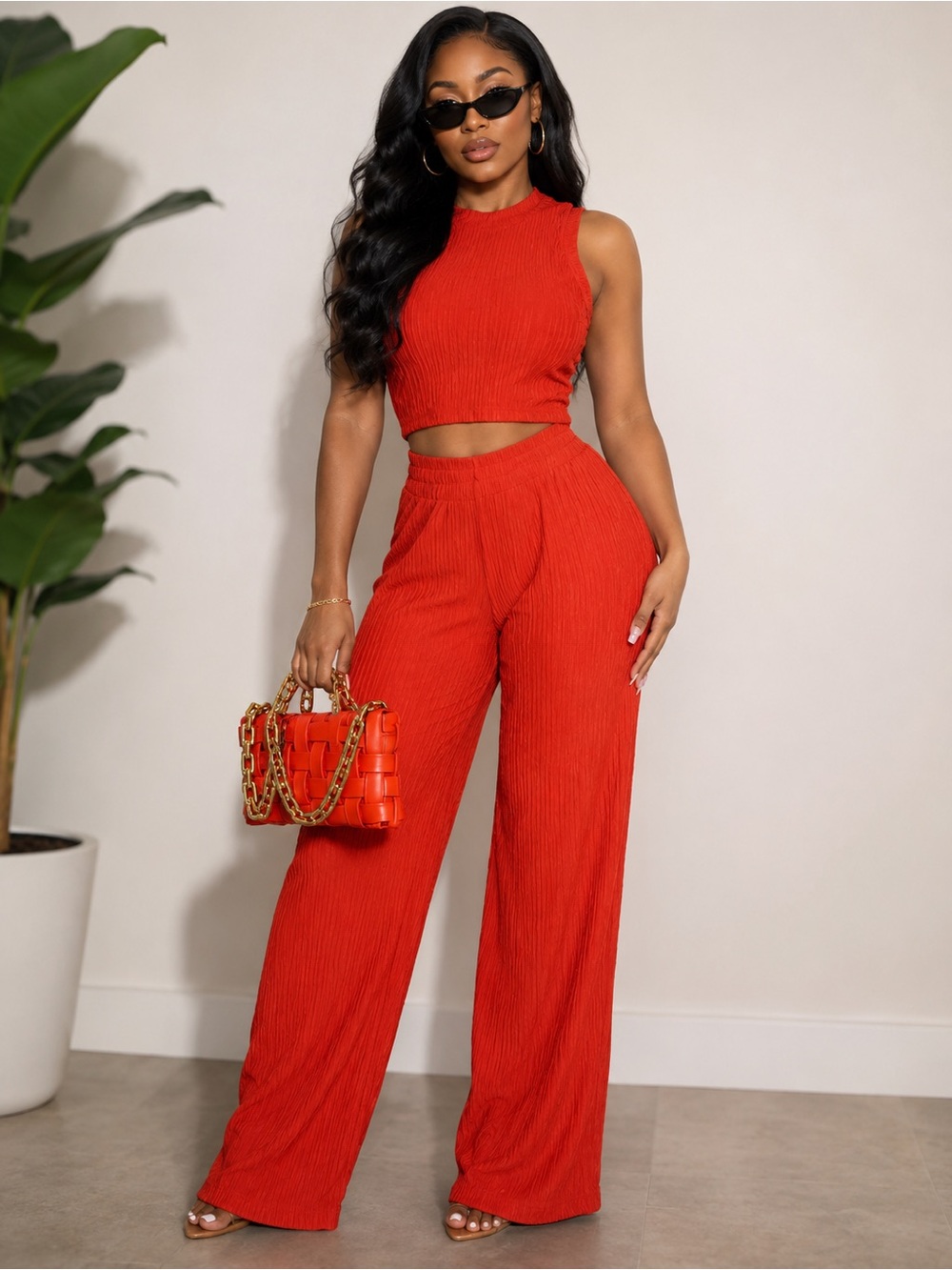 Sleeveless Ribbed Crop Top & Wide-Leg Pants Set - Tomato Red